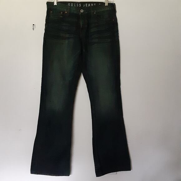Guess Jeans Mens 32x32 Blue Falcon Boot Cut Denim Distressed Button Fly Whiskers - Picture 1 of 11